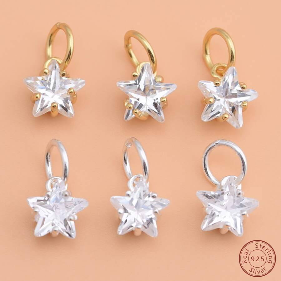 1入組方晶鋯石鑲嵌迷你星星&五角星925純銀吊墜DIY首飾製作(銀色調&,金色色調&鍍) - 星星款 - 查看 1