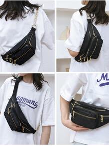 Black Waist Bag, Korean-Style Rhombus Pattern Shoulder Crossbody Bag With Large Capacity And Multiple Layers - Black - View 4