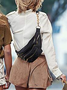 Black Waist Bag, Korean-Style Rhombus Pattern Shoulder Crossbody Bag With Large Capacity And Multiple Layers - Black - View 3