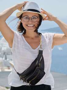 Black Waist Bag, Korean-Style Rhombus Pattern Shoulder Crossbody Bag With Large Capacity And Multiple Layers - Black - View 2