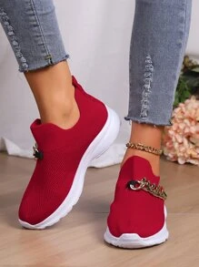 Women's Red Breathable Sneakers With Chain Detail - Red - View 4