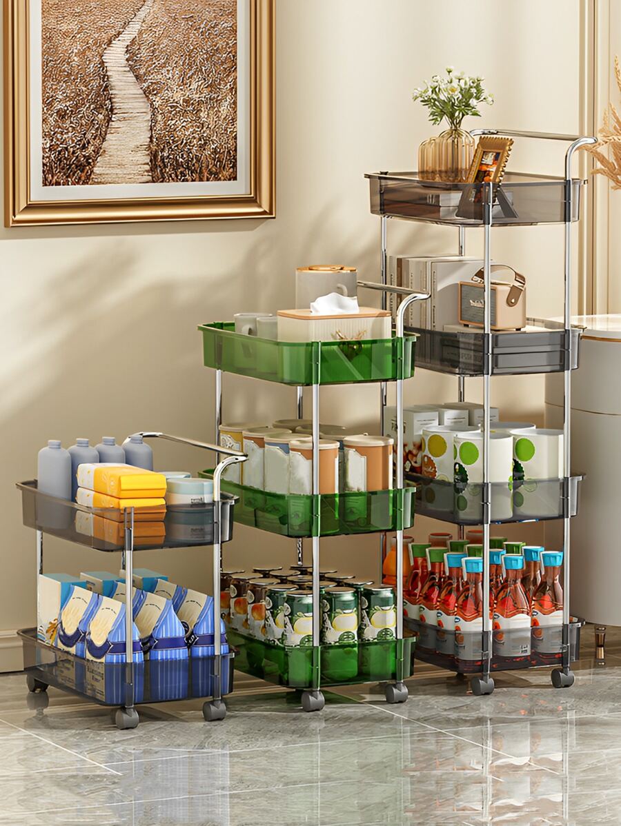 1pc Light Luxury Transparent Kitchen Storage Rack, Wheeled And Movable Bathroom Shelf, Easy To Assemble And Disassemble - Green - View 1