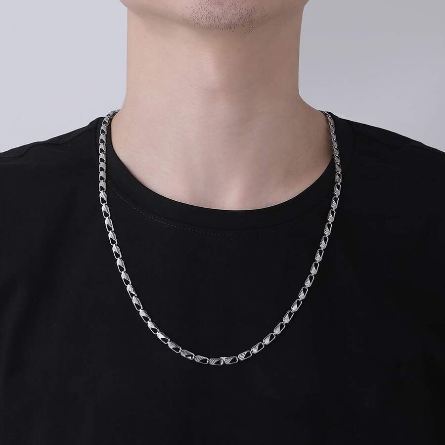 1 Pieza Collar De Cadena Masculina De Estilo Simple Con Caja Cuadrada / Hueso De Serpiente Plano / Hueso De Serpiente Redondo / Trenzado / Curb Chain - Cadena de sarga con caracteres japoneses huecos - Ver 1