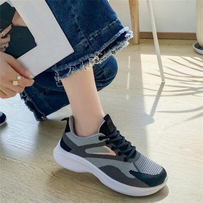 Ladies' Leisure Knitted Color Block Lace-up Sports Shoes