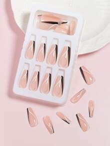 VV MEI JIA ER 24入組中長度波浪法式閃亮線貼式黑色亞克力棺材型全覆蓋假指甲,適用於女性和女孩,還含有1張膠帶和1個指甲文件 - 彩色 - 查看 3