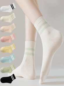 5對/套女士新潮運動襪帶雙條紋圖案短和中長長度在多種顏色 - 彩色 - 查看 2