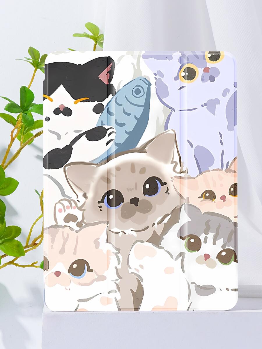 可愛的漫畫魚和貓印花矽膠平板電腦套,帶筆筒,防震,支援睡眠/喚醒功能,與三星ipad兼容 - 彩色 - 查看 1