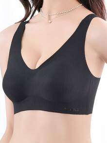 Gathered Anti-Sagging Leisure Wireless Bra - Black - View 6