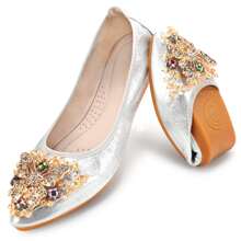 KUNWFNIX Women Ballet Flats Rhinestone Wedding Ballerina Shoes Foldable Sparkly Comfort Slip on Flat Shoes Butterfly Rhinestone Decoration - 銀色 - 查看 1