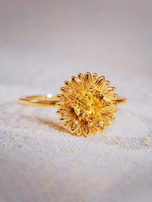 1入組黃色向日葵方晶鋯石戒指適合女士S925純銀黃色鍍金戒指魅力四射情人節精細女士們首飾類日常穿著禮物