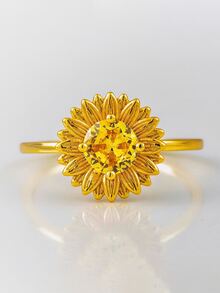 1入組黃色向日葵方晶鋯石戒指適合女士S925純銀黃色鍍金戒指魅力四射情人節精細女士們首飾類日常穿著禮物