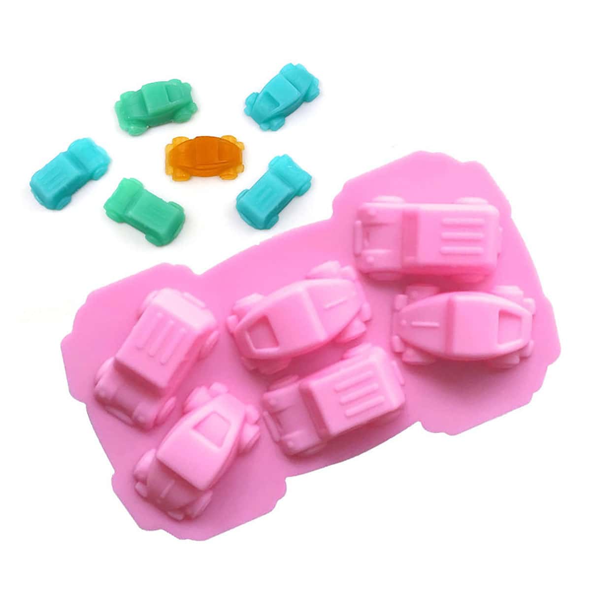 1入粉色6輛賽車主題矽膠蛋糕模,用於烘焙巧克力蛋糕、手工香氛工藝、diy冰塊、果凍、翻糖和糖果 - 粉色 - 查看 1