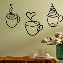 3pcs/Set Metal Wire Coffee Cup Wall Art, Coffee Logo Wall Decor For Kitchen, Dining Room, Shop - Black - View 7