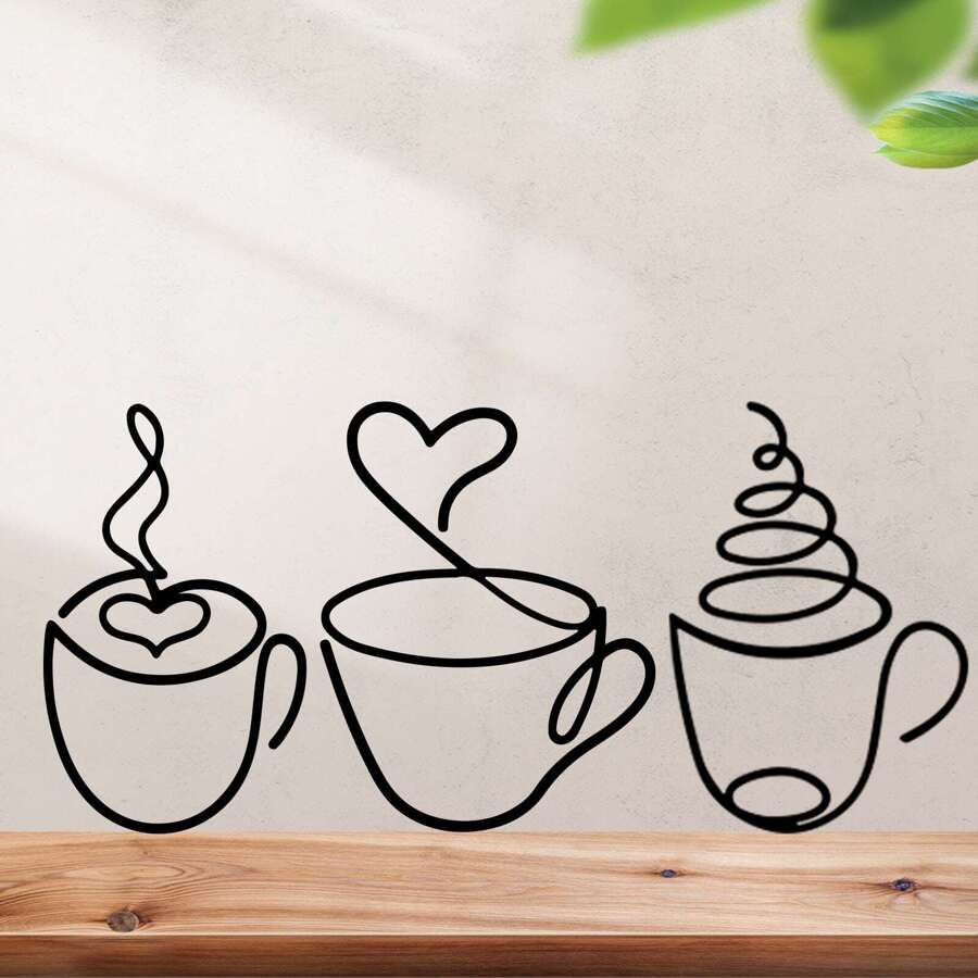 3pcs/Set Metal Wire Coffee Cup Wall Art, Coffee Logo Wall Decor For Kitchen, Dining Room, Shop - Black - View 1