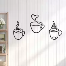 3pcs/Set Metal Wire Coffee Cup Wall Art, Coffee Logo Wall Decor For Kitchen, Dining Room, Shop - Black - View 2