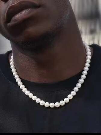 1 st keramiskt vitt glas Faux Pearl pärlhalsband för män, lämplig för dagligt slit