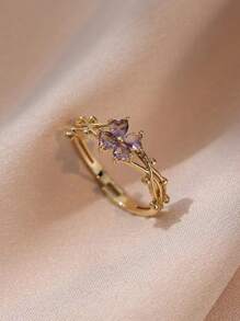 1 pieza Anillo abierto de acero inoxidable con trébol de cuatro hojas púrpura y circonita, anillo de nicho de alta gama con delicada sensación premium