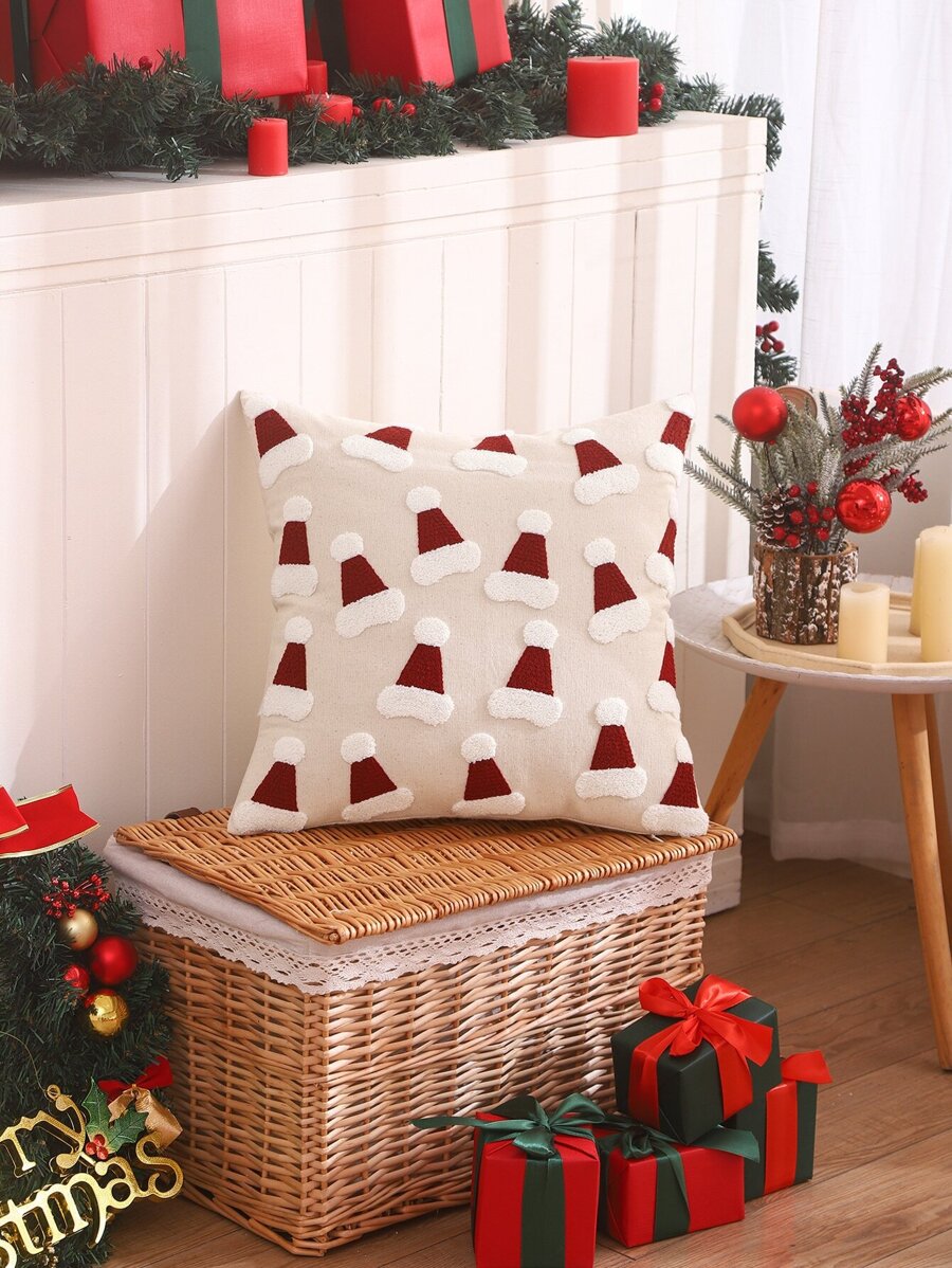 Miater 1pc Canvas Embroidered 3d Christmas Tree Decorative Pillow Case - Red and White - View 1