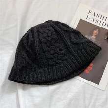 女士幾何菱形針織桶帽，帶扭結和翻邊，秋冬季節，別致的鈴形桶帽突顯您的臉龐