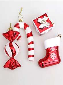 4pcs Plastic Candy Cane Gift Box & Boot Shaped Set For Christmas Tree Decoration, Suitable For Christmas Birthday - Red - View 4