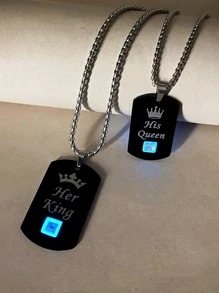 ATLVXJL 2 pièces/Ensemble Couronne de couple Zircone Brillent dans le Sombre Lettre SON ROI ET SA REINE Collier Pendentif Chaîne en Acier Inoxydable Cadeau de la Saint-Valentin