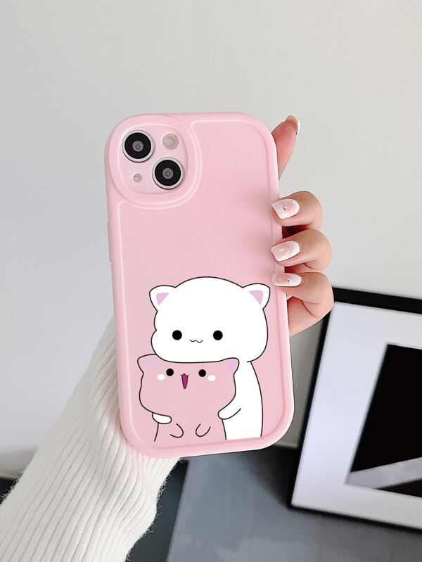 1pc Cute Cat Big Eye Matte Pink Phone Case, Compatible With IPhone & Galaxy Smartphones