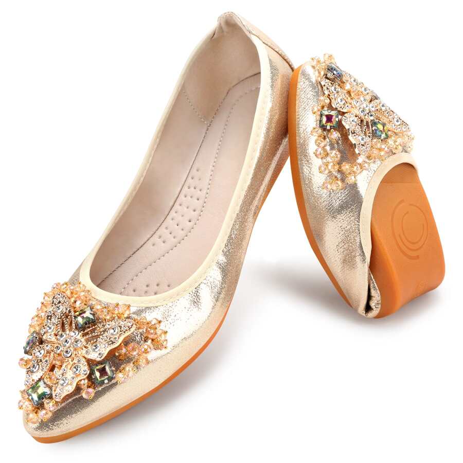 KUNWFNIX Women Ballet Flats Rhinestone Wedding Ballerina Shoes Foldable Sparkly Comfort Slip on Flat Shoes Butterfly Rhinestone Decoration - 金色 - 查看 1