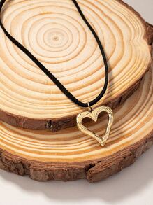 新品镂空心形合金吊坠黑绳颈链可调节长度情人节、妈妈、母亲、母亲节、礼物 - 金色 - 查看 1