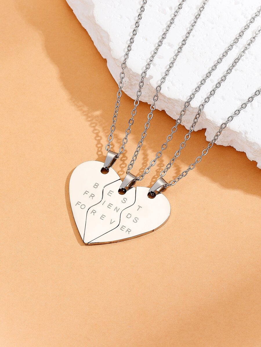 ATLVXJL 3入組好朋友/姊妹/兄弟戀人愛心不銹鋼吊墜項鍊，女性/至愛節日禮物 - 銀色 - 查看 1