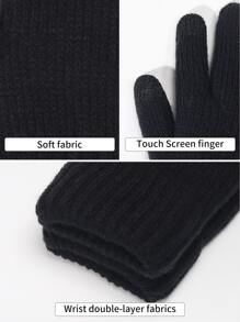 1雙女式黑色冬季雙層毛絨內襯觸摸屏發短信手套，針織保暖全指手套適合派對、駕駛、遊戲、騎自行車、遠足、寫作 - 黑色 - 查看 5
