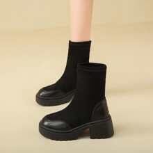 Ladies' Minimalist Style Black Slip-On Thick-Soled Short Boots - Black - View 1