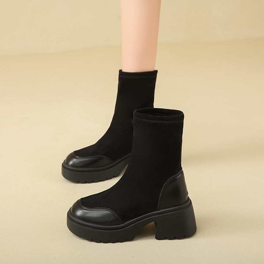 Ladies' Minimalist Style Black Slip-On Thick-Soled Short Boots - Black - View 1