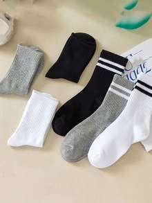 6 Pares De Meias De Joelho Esportivas E Versáteis Para Mulheres, Estilo Simples, Adequadas Para O Uso Diário - Preto e Branco - Ver 2