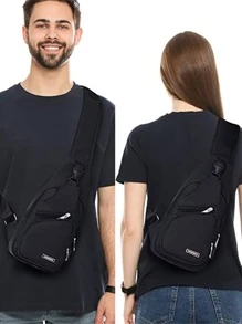 1 件黑色防水拉链胸包，多层大容量多功能斜挎包带 USB 端口，适用于户外徒步旅行单肩包斜挎包侧包通勤宿舍大学圣诞包冬季圣诞礼物假期节日礼物侧包礼物夏季返校运动生活包腰包腰包春季学校用品 - 黑色 - 查看 11