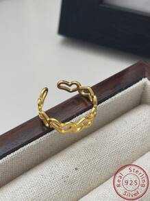 Anel De Prata Esterlina, 1 Peça, Anel Simples E Versátil Em Forma De Coração Vazado Para Mulheres, Presente Ideal Para Namorada Ou Melhor Amiga, Anel De Uso Diário - Dourado - Visão 1