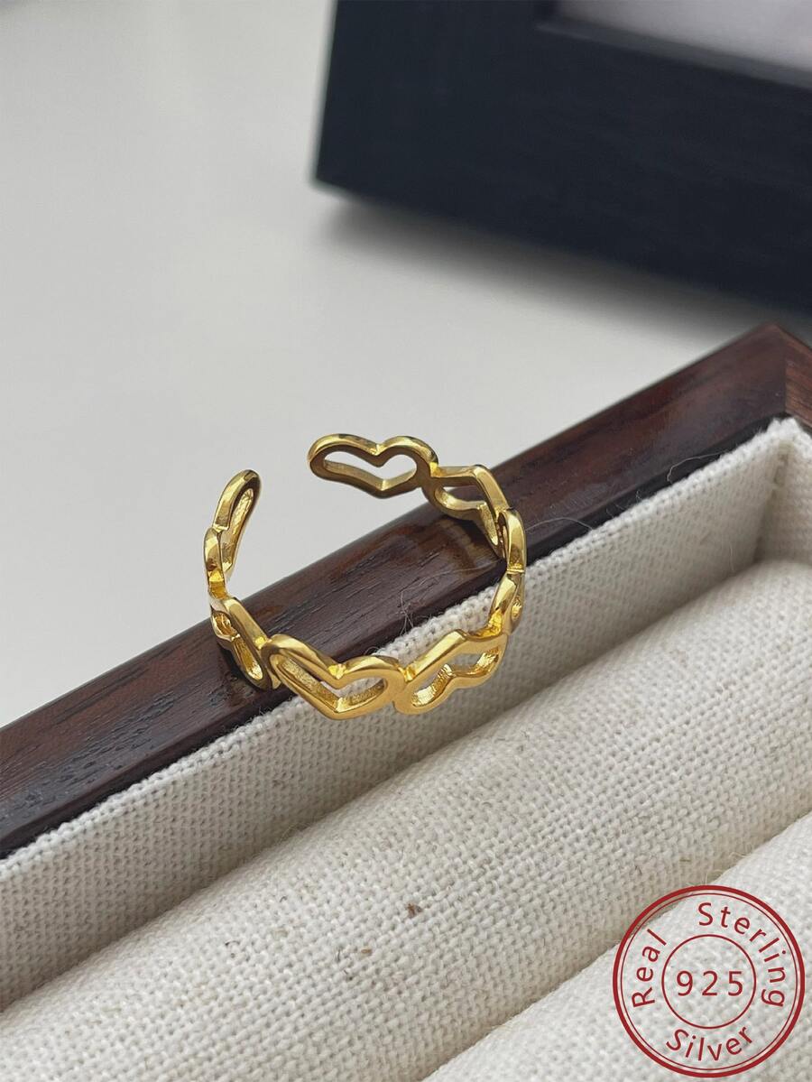 Anel De Prata Esterlina, 1 Peça, Anel Simples E Versátil Em Forma De Coração Vazado Para Mulheres, Presente Ideal Para Namorada Ou Melhor Amiga, Anel De Uso Diário - Dourado - Visão 1