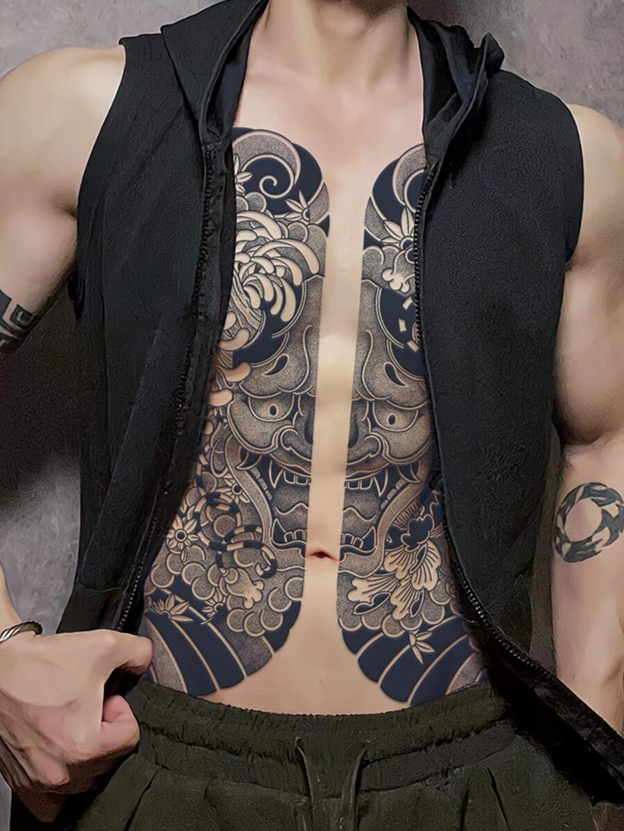 de hombres tradicional Cárdigan con grande patrón budista Tatuaje con estampado , impermeable , - Negro - Ver 1