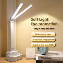1入白色多功能桌上燈,可充電,柔和的燈光眼部保護,無極調光,折疊式雙燈,筆筒,手機夾,適用於學習、辦公、閱讀、寫作的桌燈,sl-949