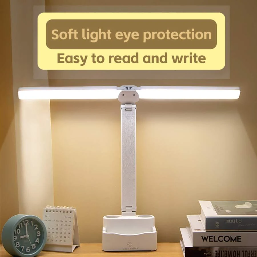1入白色多功能桌上燈,可充電,柔和的燈光眼部保護,無極調光,折疊式雙燈,筆筒,手機夾,適用於學習、辦公、閱讀、寫作的桌燈,sl-949