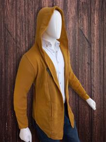 Suéter Largo Capa  Cárdigan Abrigo Saco Para Hombre Con Gorro - Amarillo Mostaza - Ver 2