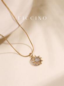 FICCINO Ficcino Colgante De Forma De Sol Y Luna Chapado En Oro Con Joyería De Cz, Collar De Cadena De Serpiente De Acero De Titanio Para Mujeres, Collar De Clavícula Para Todo Tipo De Ocasiones O Regalo Del Aniversario Con Caja