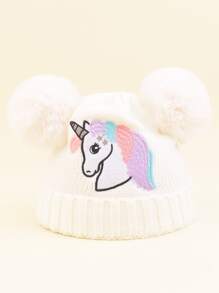 1 Miếng Trẻ em Dễ thương Thêu kỳ lân Mũ len Với Giường đôi tiêu chuẩn Pom-pom Cho mùa đông , Mặc hàng ngày - trắng - Xem 1