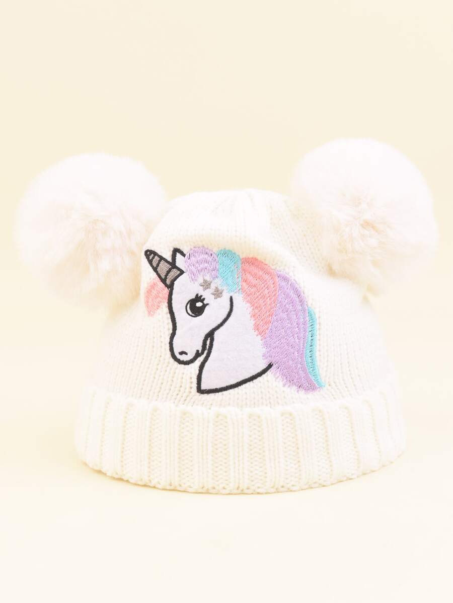 1 Miếng Trẻ em Dễ thương Thêu kỳ lân Mũ len Với Giường đôi tiêu chuẩn Pom-pom Cho mùa đông , Mặc hàng ngày - trắng - Xem 1
