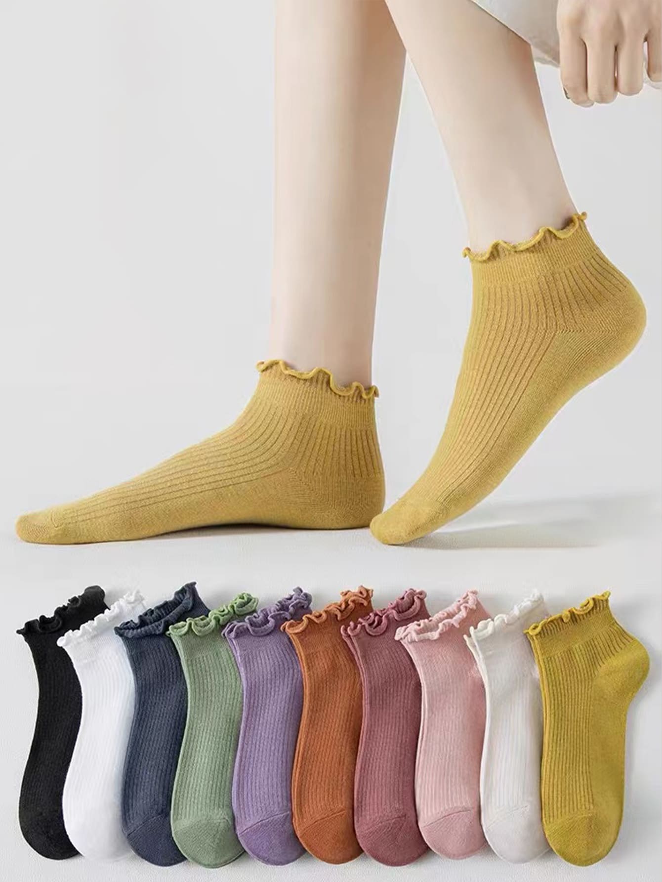 8pairs/Pack Random Color Sweet & Cute Japanese Style Frill Edges Simple Fashion Lady's Ankle Socks - Multicolor - View 1