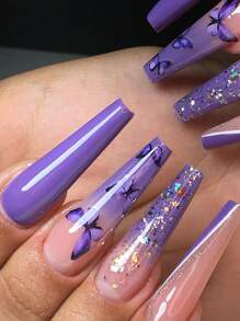 24 Piezas De Parches De Uñas Con Forma De Ataúd Largo En Tono Lila Claro Con Mariposas Doradas Y De Colores Brillantes + 1 Pieza De Pegamento De Jalea + 1 Lima Para Uñas - Multicolor - Ver 1