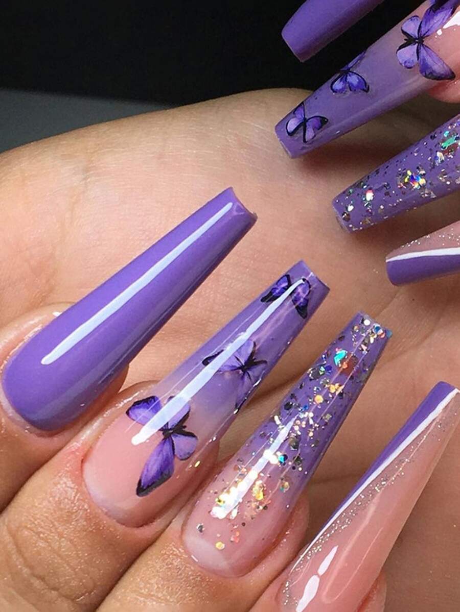 24 Piezas De Parches De Uñas Con Forma De Ataúd Largo En Tono Lila Claro Con Mariposas Doradas Y De Colores Brillantes + 1 Pieza De Pegamento De Jalea + 1 Lima Para Uñas - Multicolor - Ver 1