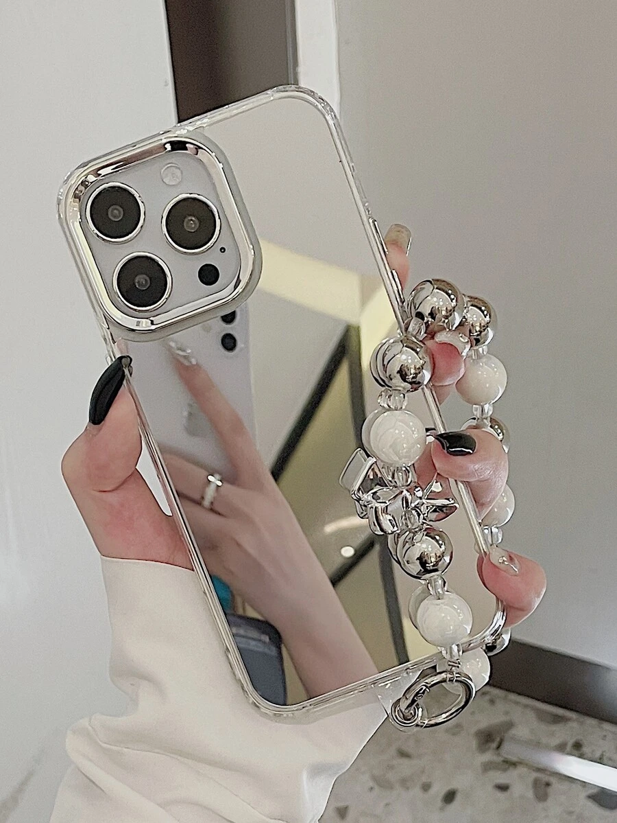 1 件镜面电镀手机壳，配珍珠串珠蝴蝶结带 - 銀色 - 查看 1