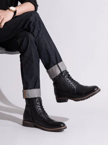 SHOESMALL Men's Fashionable High Top Work Boots Motorcycle Combat Ankle Dress Boots Casual Boots For Men Valentine's Day Date Shoes - BMY678A-黑色 - 查看 2