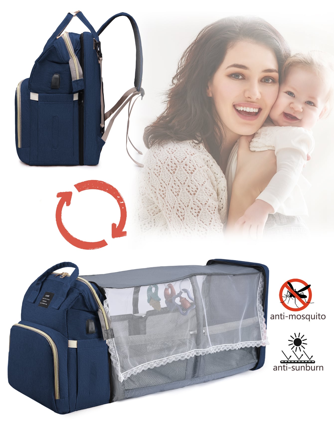 حقيبة ظهر لحفاضات الأطفال بمحطة تغيير - قابلة للطي...