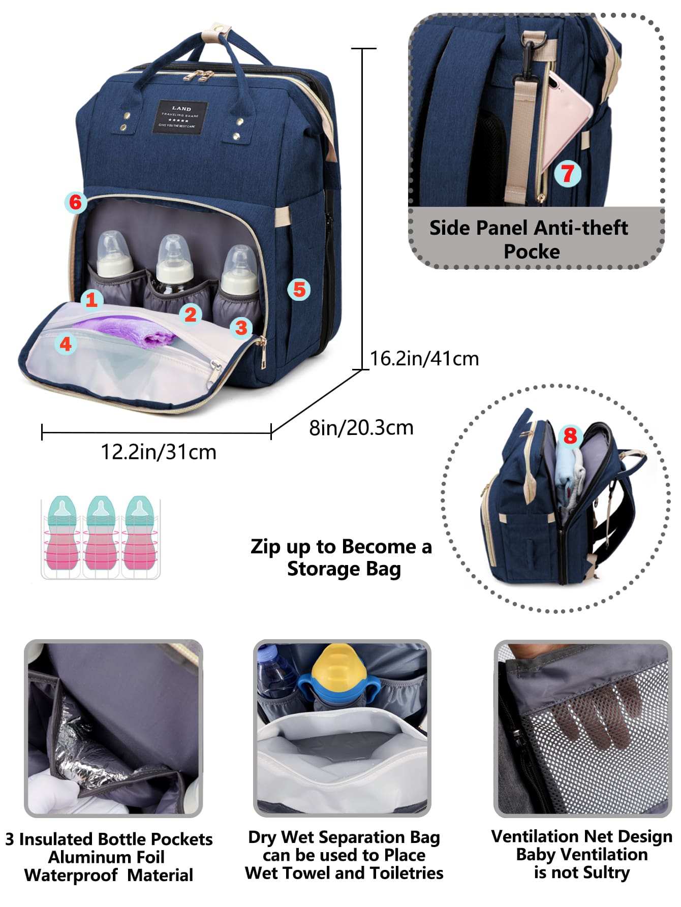 حقيبة ظهر لحفاضات الأطفال بمحطة تغيير - قابلة للطي...